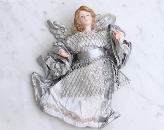 Vintage Christmas Tree Angel – Silver Robe Porcelain Doll, 6"