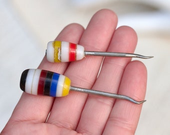 Vintage Angled Awl Pair – Striped Celluloid Handles, Craft Tools