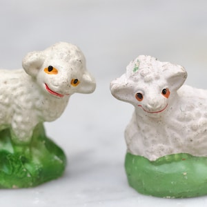 Pair of Nativity Lamb Figurines - Set of 2 Vintage Folk Art Miniature Sheep - Plaster Christmas Ornaments - Made in Portugal