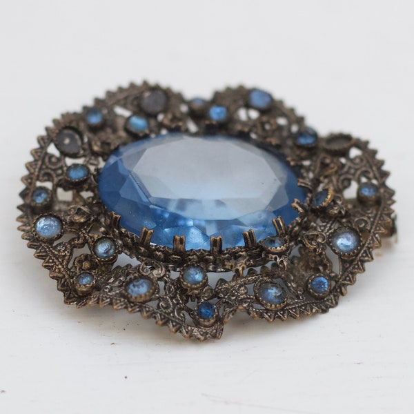 Antique Victorian Oval Lapel Pin As Found - Aqua Blue Glass Stone on Filigree Brooch or Collar Pin - Vintage Oxidised Jewellery