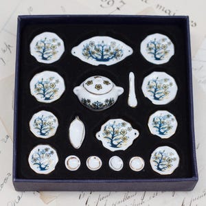 Dollhouse Crockery China Dinner Set - Tiny Miniature Porcelain Plates Cups and Pots - NOS in Original Box - Victorian Doll's House Decor
