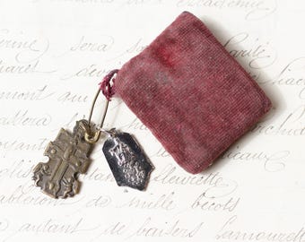 Antique Caravaca Copper Cross Ex Voto – Burgundy Velvet Scapular