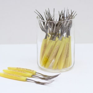 24 Small Cocktail Forks with Yellow Handles Embossed in Gold Flowers - Vintage Kitsch Summer Party Tablescaping