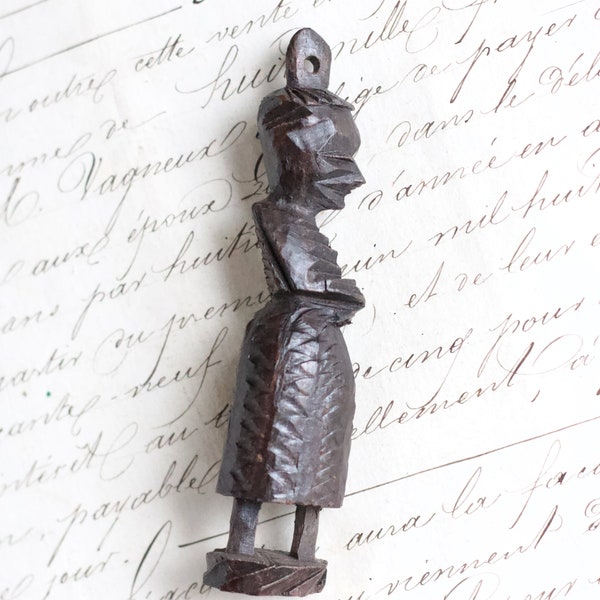 Small Statue Carved Ebony Wood Ornament, Pendant, Light Pull - Vintage Souvenir from Africa