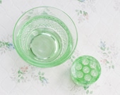 Green Glass Bowl and Flower Frog - antique Pressed Uranium Glass - Made in England