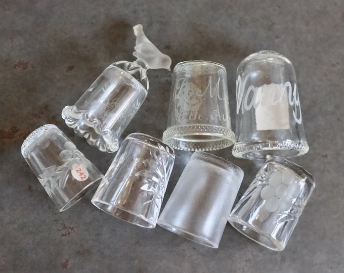 Clear Glass Thimble Set of 7 Etched and Frosty Flowers Translucent