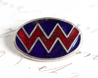 Art Deco Enamel Button, Navy Blue Red Zigzag, Vintage Couture Supply