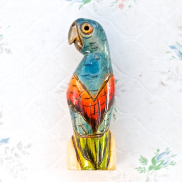 Carved Wood Parrot - Small Sculpture Figurine in Bright Colors- Boho Home Decor