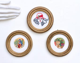 Vintage Needlepoint Art – Set of 3 Gold Frame Embroideries