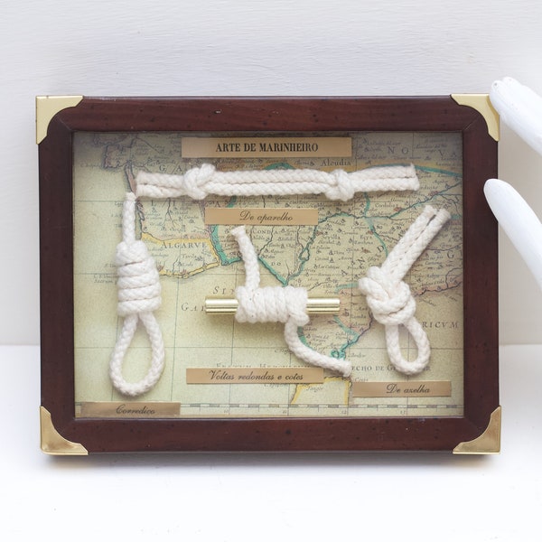 Shadow Box Sailors Knots on Map in Portuguese - Wall Hanging Display Case of Miniatures - Vintage Nautical Office Decor