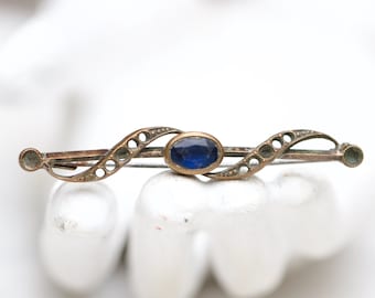 Antique Cobalt Blue Glass Brooch – Victorian Copper Bar Pin