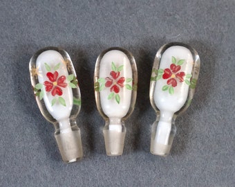 Floral Bottle Stoppers set of 3 - Antique White Murano Glass and Red Flowers - Hand Painted - Vintage Boho Home Decor