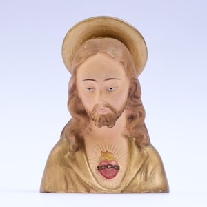 Sacred Heart of Jesus Büste mit Halo - Kleine Statue aus Keramik - Vintage religiöse Schreinfigur