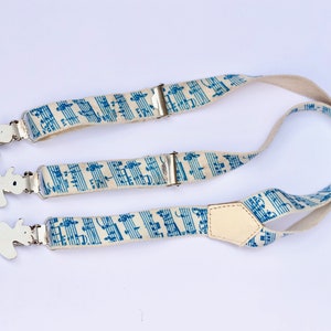 Music Notes Child&#39;s Suspenders - Musical Sky Blue and White Braces - Vintage Accessories