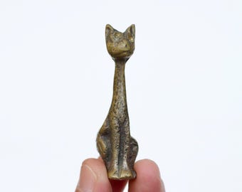 Tiny Brass Cat with Long Neck Ornament - Antique Siamese Sitting Kitten Miniature