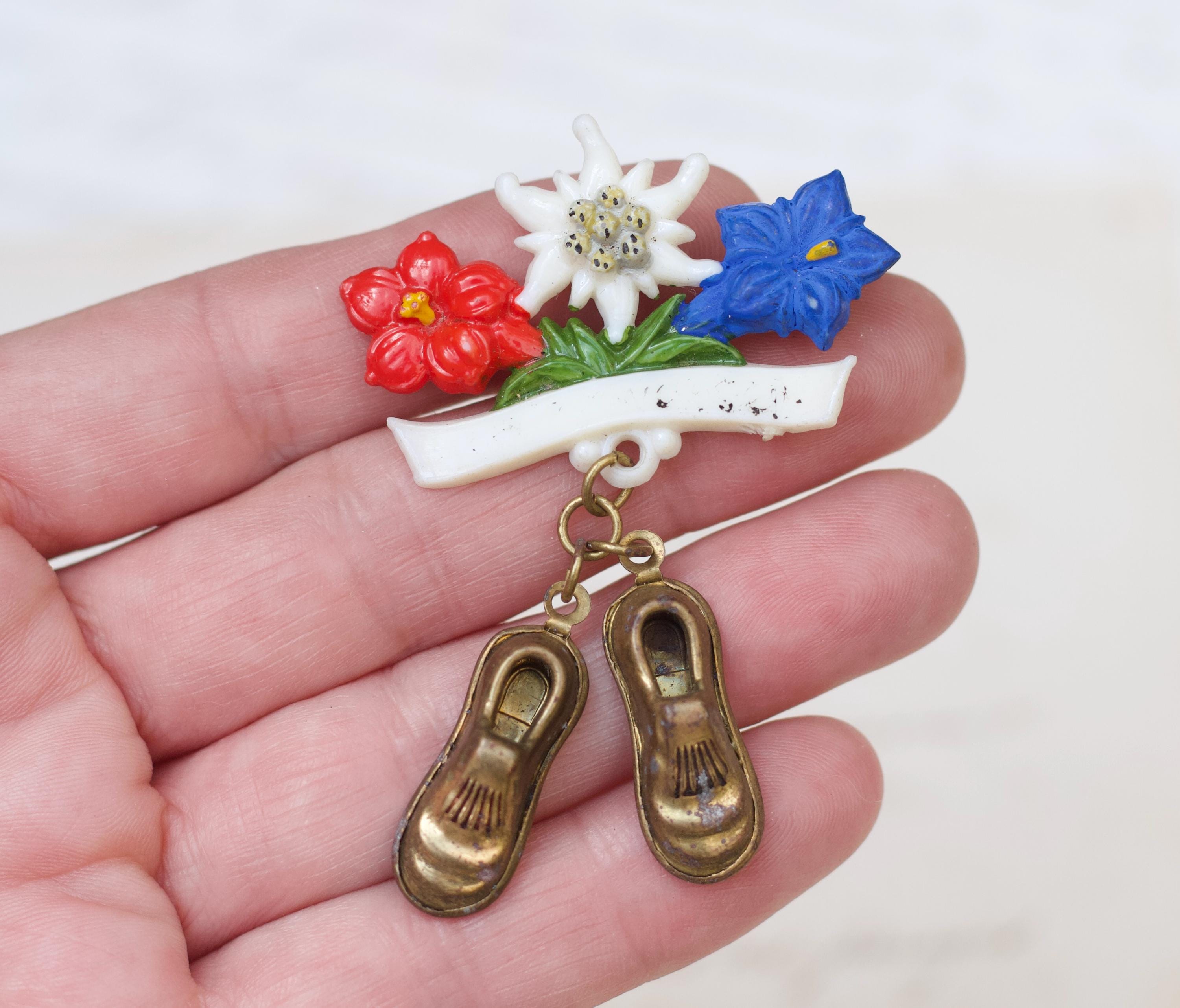 Broche Vintage Interchasse - Motif Fleurs Edelweiss En Métal Argenté - Occasion
