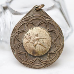 1970s Gymnastics Watch Fob Medallion - CBO 77-78 Teardrop Shaped Bronze Medal - Vintage Jewellery Assemblage Components and Supplies