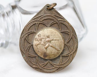 Vintage 1970s Bronze Gymnastics Medallion - Teardrop Watch Fob