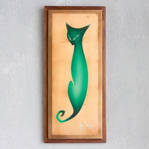 Art Deco Green Cat Wall Hanging Picture - Roy Sinclair Print On Copper Plate Mounted on Wood - 1970s Boho Home Decor