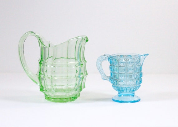 Art Deco Glass Pitcher Set of 2 Pair of Milk Jugs in Uranium Green