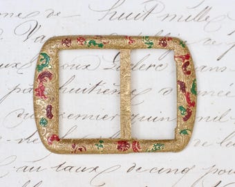 Art Deco Brass Slide Buckle - Vintage Red & Green Enamel