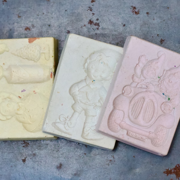 Noddy and Friends Molds - Set of 3 Plaster Mold with Christmas Themes - Pink Yellow and Blue - Vintage Craft Supplies