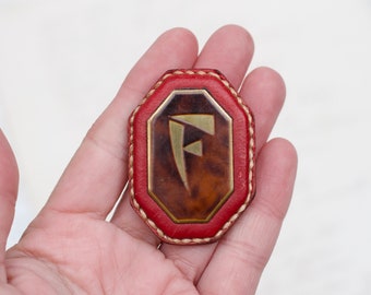 Initial Letter F Dress Clip - Brass on Tortoise Shel and Red leather Clip Brooch or Fur Clip - Agrippa Depose Vintage Jewellery Accessories