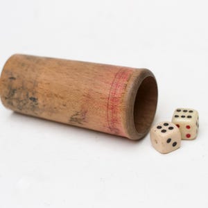 Antique Wooden Dice Shaker Cup Napoleonic POW ca 1810 - Celluloid Die Pair - Vintage Gambling