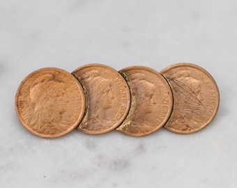 Vintage French Coin Brooch - Copper 1 Cent Bar Pin, Tramp Art