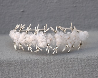1940s Bridal Tiara – White Blossom, Pearl & Rhinestone Wedding Crown