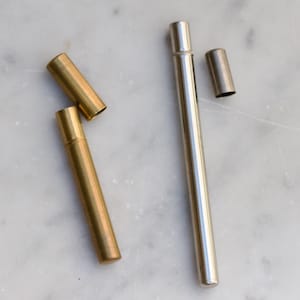 Set of 2 Needle Cases - Pair of Metal Tube Containers 2 inch and 3 inch long - Brass and Silver Tone Vials - Vintage Sewing Notions