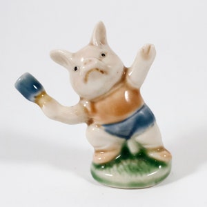Hooligan Pig Ornament - Porcelain Piglet Throwing a Bottle - Troublemaker Pig - Vintage Terrarium Decor