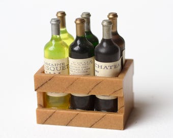 Miniature French Wine Bottles Crate - Vintage Dollhouse Grocery