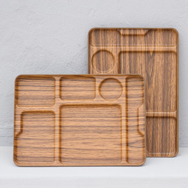 1980s TV Dinner Tray in Faux Wood Pair - Set of 2 Melamine Wooden Grain Serving Trays with Sections - Vintage Utilitarian Tablescaping