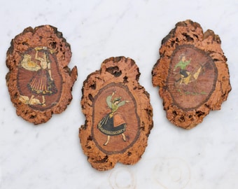 Vintage Portugal Souvenir – Wooden Tree Slice Triptych, Folk Costume Decor