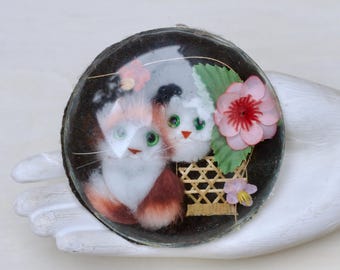 Vintage Felt Kitten Ornament – Kitsch Glass Dome Diorama, Boho Decor