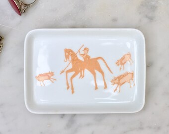Heron Cross Pottery による狩猟シーンデザインの石鹸皿のペア
