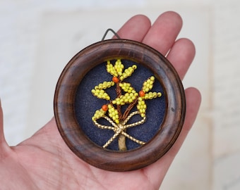 Vintage Seed Bead Flower Art - Small Round Wood Frame, Boho Decor