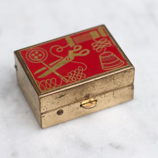 Tiny Sewing Box Red Enamel on Brass - Small Etui Case - Quirky Pill Box - Vintage Small Container