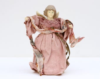 Vintage Christmas Tree Angel – Pink Robes, Celluloid Doll Head (5.5" Tall)