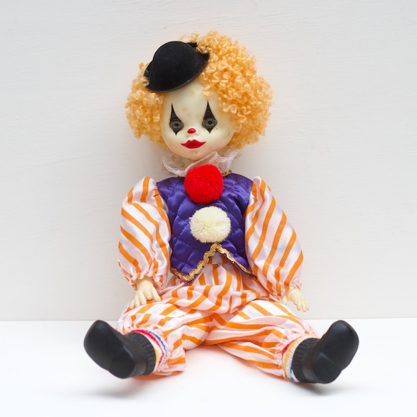 17 inch Clown Doll with Sleepy Eyes by Italian Cabar or Gabar Made in Italy - 1980s Vintage Toys