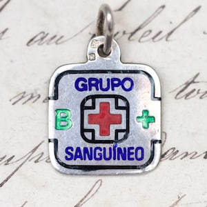 Pingente de medalha tipo sanguíneo B + - medalhão quadrado positivo de prata esterlina B com esmalte - suprimentos e componentes de joias vintage