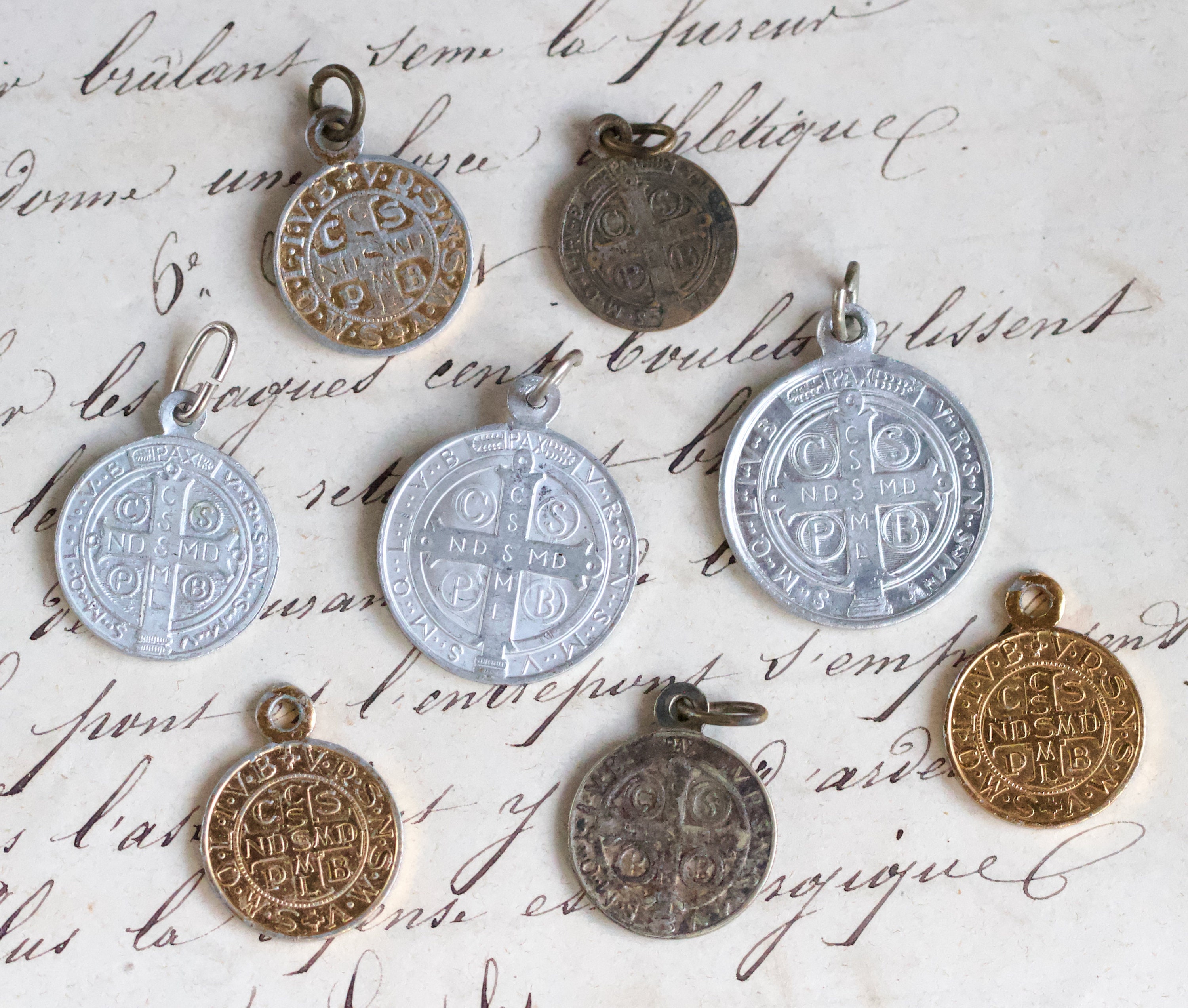 Saint Benedict Medals Lot of 8 Crux S P Benedicti Vade Retro Satana Antique  Pilgrim Medallion Fob Vintage Oxidised Religious Jewellery 