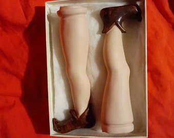 Pair of Doll Legs Handmade OOAK Porcelain Doll Making Supply Painted Brown Pixie Boots Renaissance Fairy Doll Limbs Toy Parts 1980s 5 inches