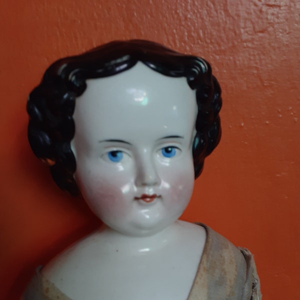 Antique China Head Doll Cloth Body Kidskin Leather Hands Victorian Era Collectible High Brow Doll Circa 1860s 22 Inch.