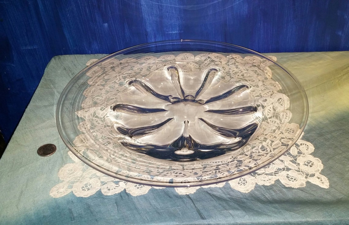 Large Glass Serving Platter 14 Inch Solid Clear Molded Glass Plate