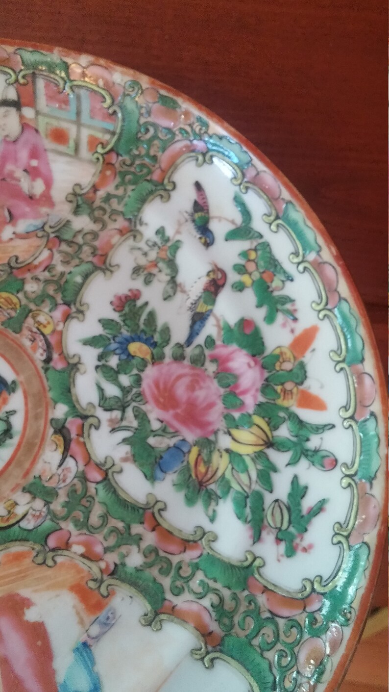 Antique Chinese Hand Painted Plate Mid1800s Rose Mandarin Asian Porcelain Victorian Display Plate 8.5 inch some damage