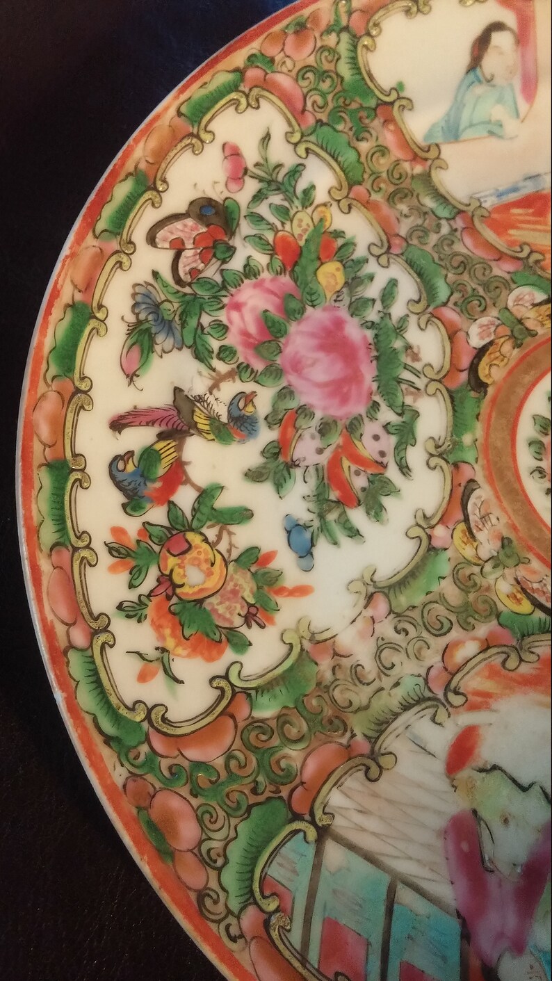 Antique Chinese Hand Painted Plate Mid1800s Rose Mandarin Asian Porcelain Victorian Display Plate 8.5 inch some damage
