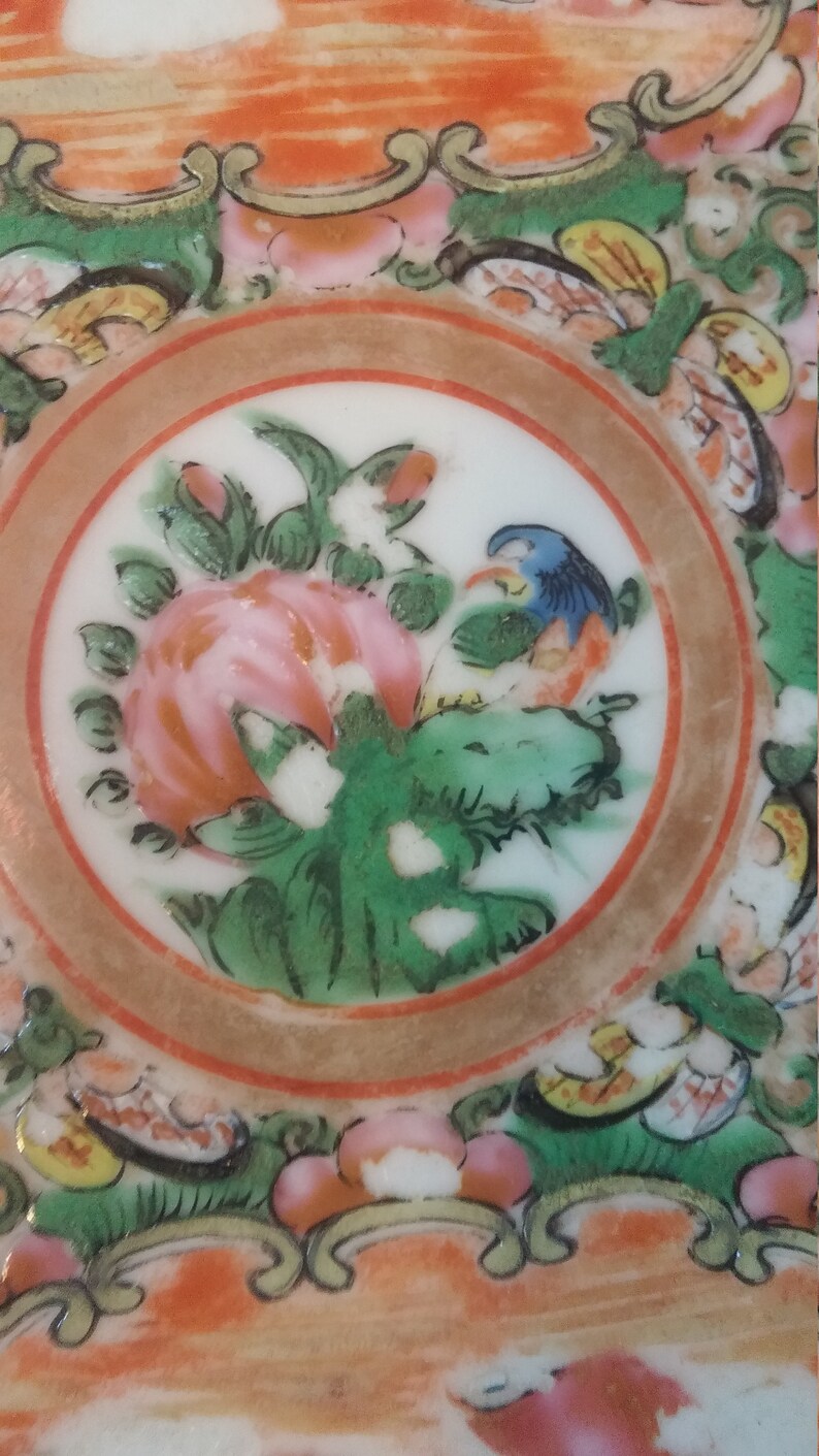 Antique Chinese Hand Painted Plate Mid1800s Rose Mandarin Asian Porcelain Victorian Display Plate 8.5 inch some damage