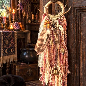 May include: A decorative wall hanging featuring a circular frame wrapped in twine, adorned with deer antlers, wooden beads, a large brown feather, metal keys, and small brass bells. Cascading strands of textured yarn in shades of pink, cream, and burgundy hang from the frame, accented with white lace trim.